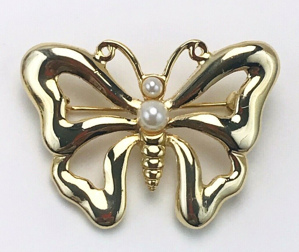 Vintage AAI Gold Tone Faux Pearl Butterfly Brooch Scatter Pin