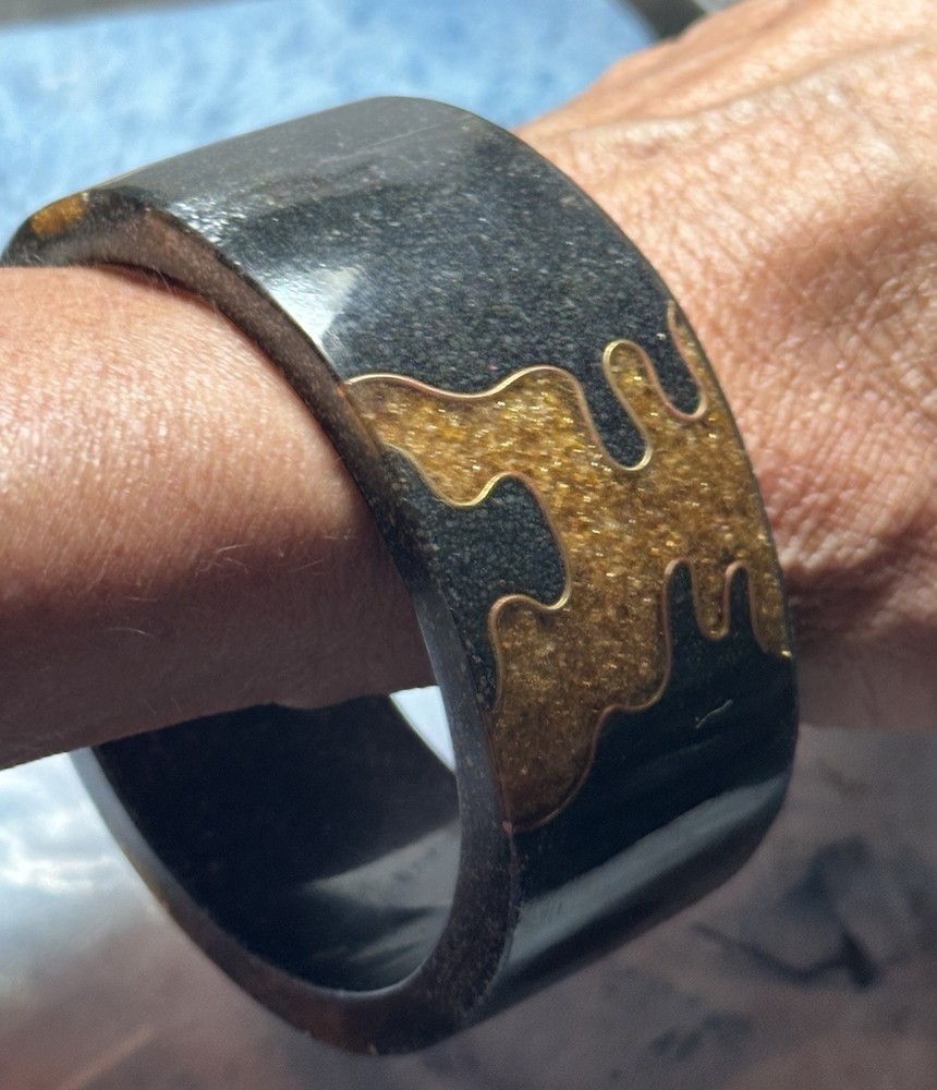 Vintage Clarino Black Speckled/Orange Confetti Wide Bangle Bracelet