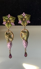 Vintage Grape Clips Earrings By Banana Bob Brass Alloy Enamel Crystals Dangling