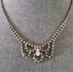 Prong set Clear Rhinestone Scalloped Style Necklace. Glamorous. Wedding 17 In.