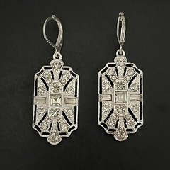 Art Deco Revival Rhinestone Earrings Dangle Leverback Silver Tone Crystal