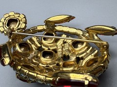 Brooch Turtle Figural Red Rivoli & Clear AB Rhinestone Large 2.25″ Vintage 1960s