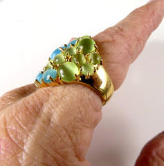 Pretty Blue & Lime Green Cocktail Ring Size 8 Moonstone Cabochons Gold Tone