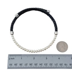 Vintage Sterling Silver 925 Black Braided Leather Pearl Necklace 16.5″