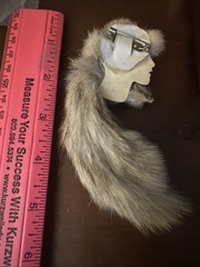 Vintage ‘Porcelain’ Lady’s Face Brooch, 5” Real Rabbit Fur Hat Profile Doll Pin