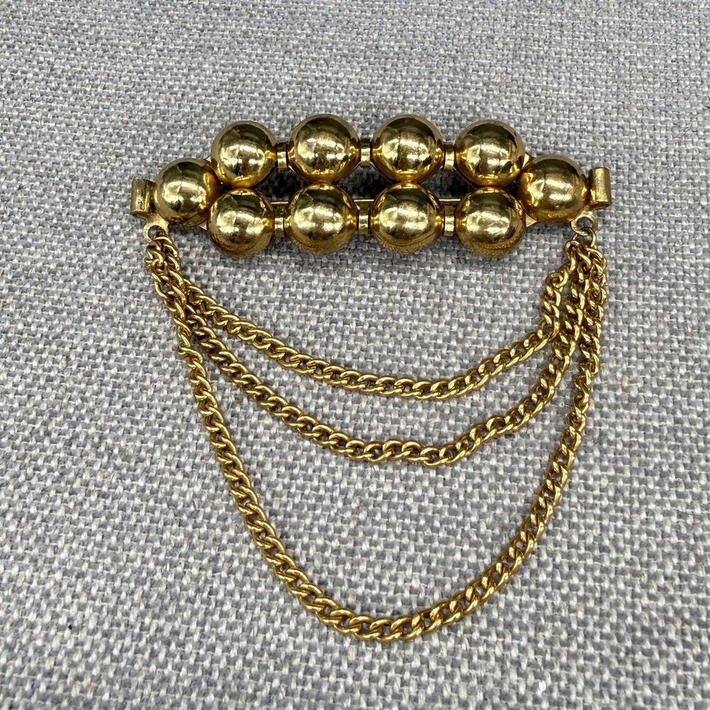 Vintage Brooch Gold Tone Beads Triple Chain Drape 3.5 Inches