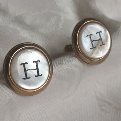 Vintage Mother of Pearl monogram H Button style Goldtone 1in Cufflinks