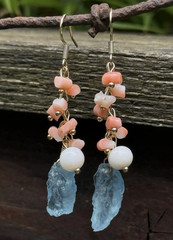 Aquamarine natural coral earrings with pearls