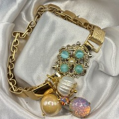 Vintage Faux Opal, Flower Panel, Japan Glass,onNew Victorian Book Chain Bracelet