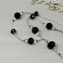 Glass Bead Necklace Black Clear Station Lariat Silver Tone Chain Collar 20″