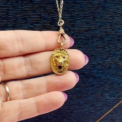 Vintage Gold Filled Lion Pendant Pink Stones Talisman Charm 1950s 1960s