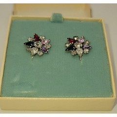Vintage B David Screw-back Earrings Silver-tone Multi-colored Faceted Crystal