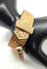 Art Deco Byzantine Greek Key Chain Tassel Gold Tone Mesh Slide Bracelet!