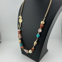 Vtg 1980s Necklace Coastal Style GoldT Seahorse Seashell Mixed Beads 1.5 Oz 22”L