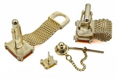 Swank Designer Signed Yellow Thermoset Gold Plate Mesh Cufflinks Tie Tac Set