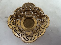 Signed Florenza Large Amber Glass Cabochon Rhinestone Gold Tone Vintage Brooch