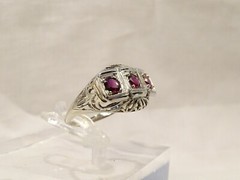 Antique Art Deco Filigree 14 K White Gold 3 Stone Ruby Sz 6 Cocktail Ring