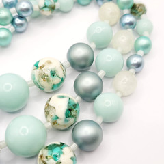 Aqua Teal Blues Multi Color Graduated Triple Strand Bead Vtg MCM Necklace Japan