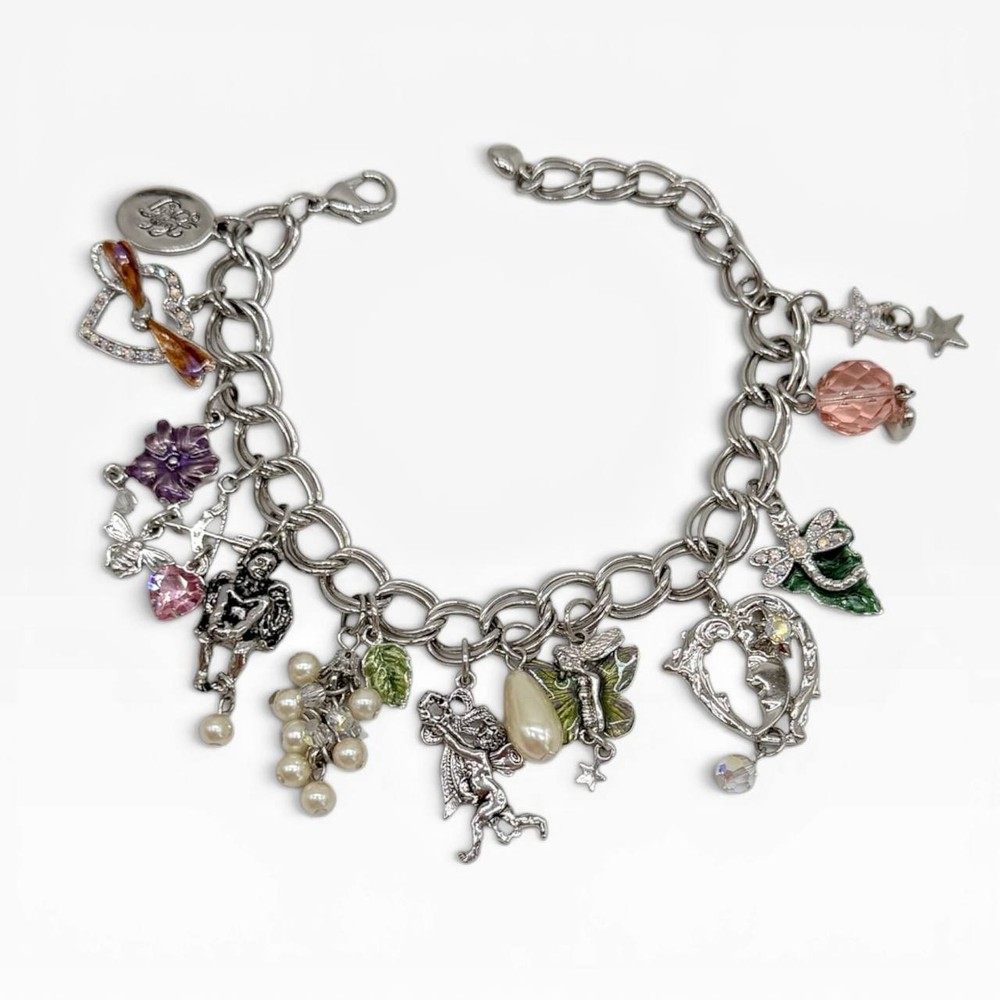 Kirks Folly Secret Garden Charm Bracelet Fairies Moon Bee Silver Tone Box