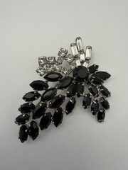 Vintage Jet Black Navettes Floral Spray Rhinestone Accent Silver Tone Brooch