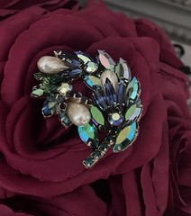Vintage Blue Green Gold Tone Leaf Crystal Spray Navette Pearl Peacock AB Brooch
