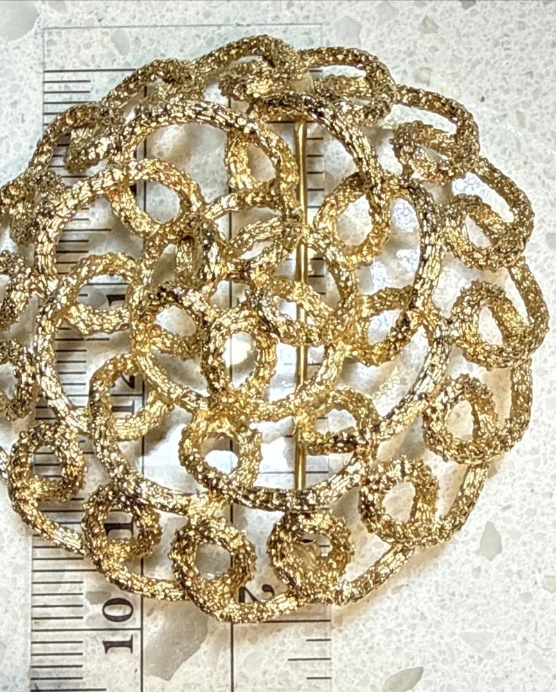Crown Trifari Gold Tone Open Work Domed Textured Round Brooch Pin Signed 2”