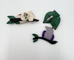 Vintage Cat Bird Polymer Clay Jewelry Set Necklace Brooch Clip Earrings 4 Pc