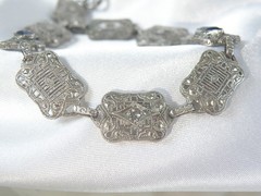 Art Deco Sterling Silver Sapphire Paste Filigree Station Antique Bracelet 7.5″