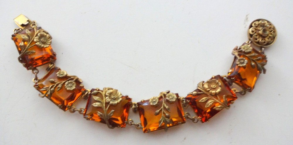 Antique Art Deco Amber Glass Link Floral Brass Bracelet Geometric Neiger Brother