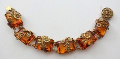 Antique Art Deco Amber Glass Link Floral Brass Bracelet Geometric Neiger Brother