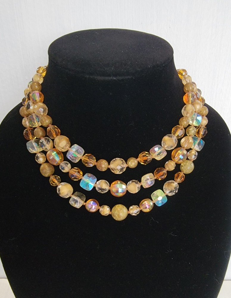 Vintage 3 Strand Necklace Amber, Gold, Pink 1940s-1950’s Glass Aurora Borealis