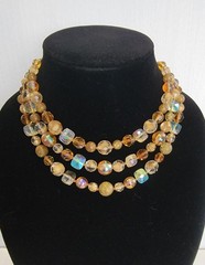 Vintage 3 Strand Necklace Amber, Gold, Pink 1940s-1950’s Glass Aurora Borealis