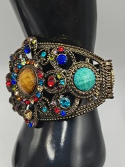 Vintage Red Blue Green Rhinestone Floral Filigree Heart Clamp Bracelet Size 6