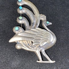 Vtg Peacock Pin Marked Silver Mexico With Turquoise Appox. 33gr Dimensional
