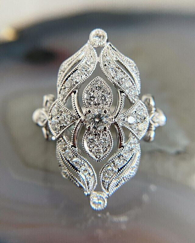 Vintage Inspired Filigree Ring 2.3 Ct Simulated Diamond 14k White Gold Plated