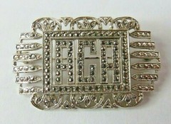 ANTIQUE LARGE LADIES STERLING SILVER ACA MARCASITE STONES PIN BROOCH 9.40 Grams