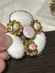 Vintage Milk Glass Opaline Cabs Topaz Large Silver Tone Brooch Pin