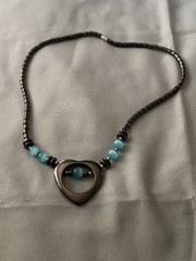 16” Hematite Necklace Heart Pendant 1.25” H Aqua Blue Cat’s Eye Beads Celestial