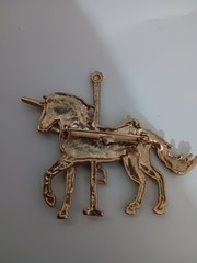 Vintage 80s Carousel Horse Unicorn Pin Brooch Rhinestone Brushed Gold 3”x2.5”