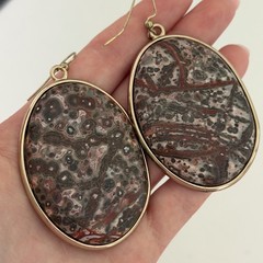 Big Leopard Skin Jasper Cabochon Chunky Stone Huge Oval Drop Statement Earrings