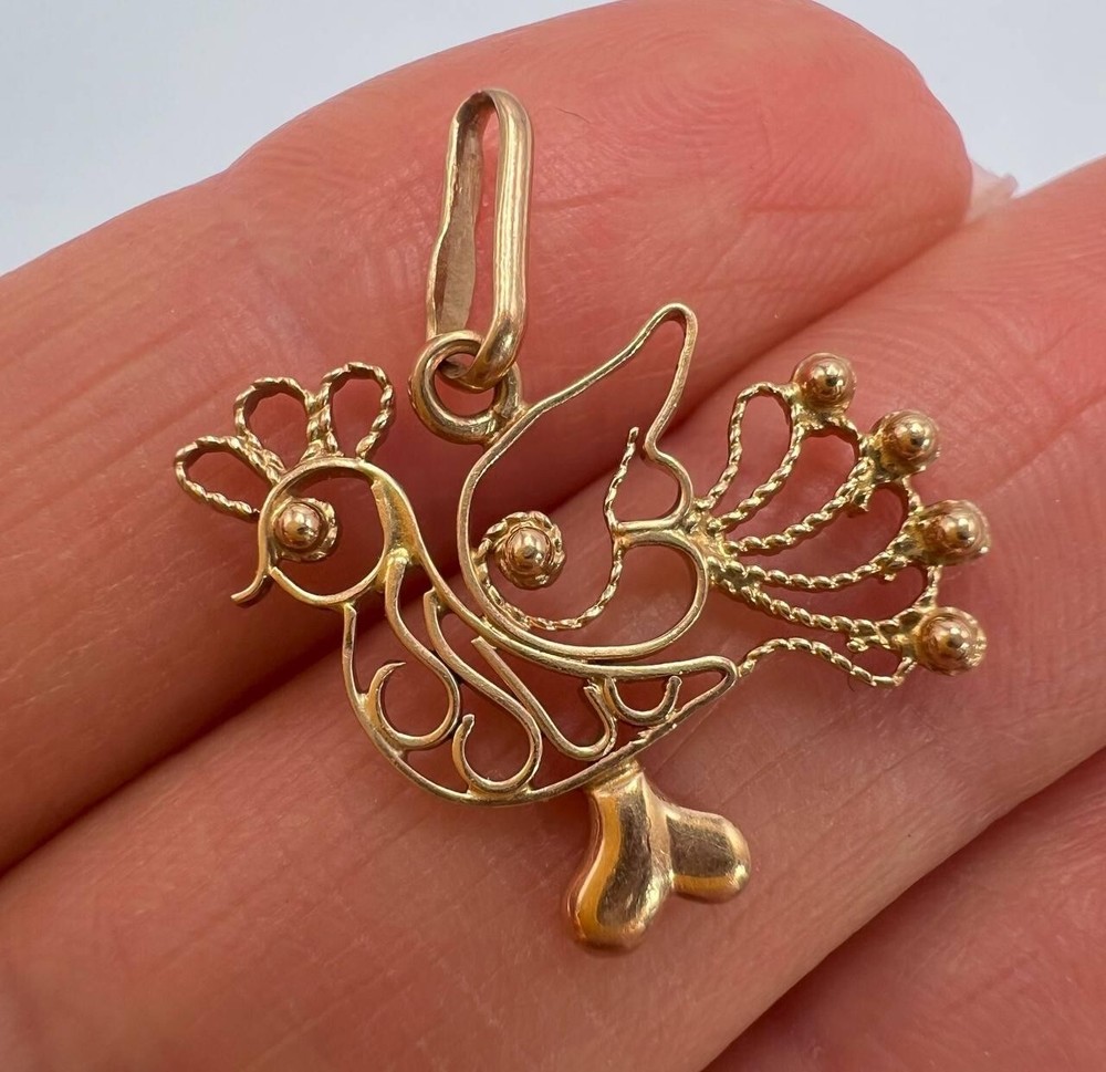 Vintage USSR 14K 583 Rose Gold Filigree Rooster Pendant 0.78in Jewelry Gift
