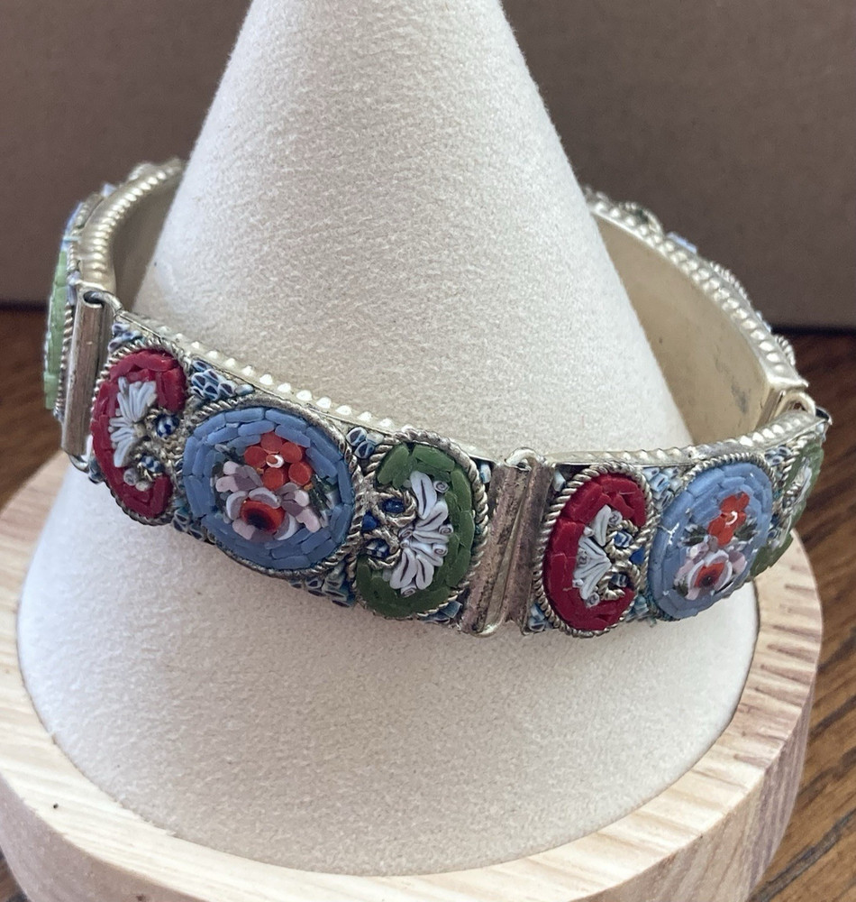 Mosaic Bracelet Vintage Italian Micro Tile Red Blue Green Flower 7.5″