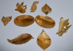 Vintage Thailand SIAM Bronze Gold-tone Niello Brooch Pins Lot of 9 L84