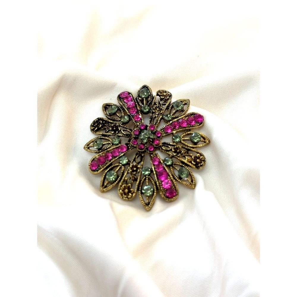 Floral Brooch Pink and Green Rhinestone – Garden Party Whimsical