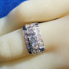 Original EARTH MINED DIAMOND Deco Statement Ring PLATINUM Sapphire 14K GOLD Band