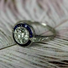 Art Deco Style Lab Created Diamond Sapphire Halo 14K White Gold FN Wedding Ring