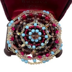 HUGE ROSETTE VINTAGE BROOCH HAND-WIRED GLASS BEADS 4″ COLORFUL ATTRACTIVE FLOWER