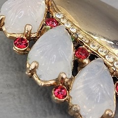 Vintage Brooch Odd Shape Carved Flower Glass Opalite Rhinestone Modernist 1 1/8″