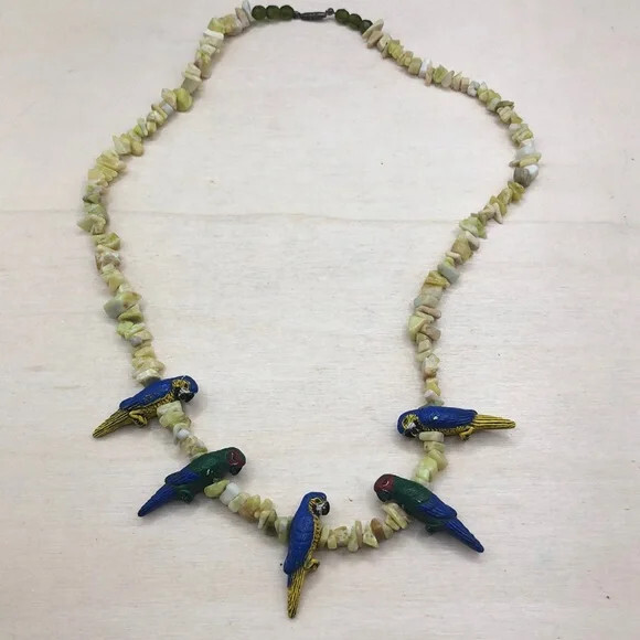 Vintage handmade stone/gemstone bead parrot necklace art to wear statement boho
