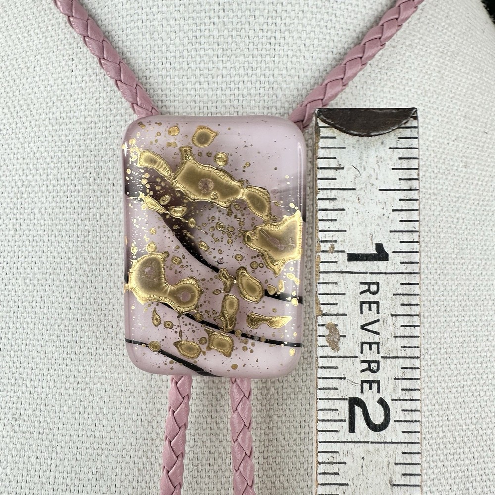 Stunning Vintage Pink And Gold Fused Glass Western Bolo Tie
